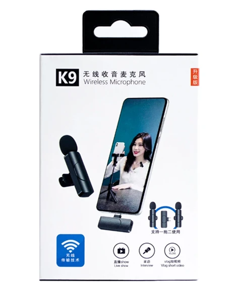 K9 Lightning Çift Kablosuz Wireless HD Yaka Mikrofonu Siyah ürün görseli 1