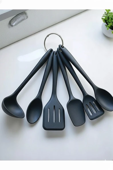 6 Parça Silikon Servis Seti Bulaşık Makinesinde Yıkanabilir Silikon Mutfak Seti 21cm  Spatula Kepçe ürün görseli 1