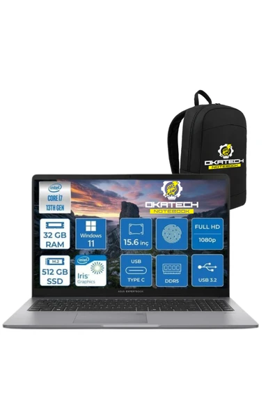 EXPERTBOOK P1503 INTELCORE I7-13700H 32GB RAM 512GB SSD WİN11 PRO 15.6” FHD NOTEBOOK + OKATECH ÇANTA ürün görseli 1