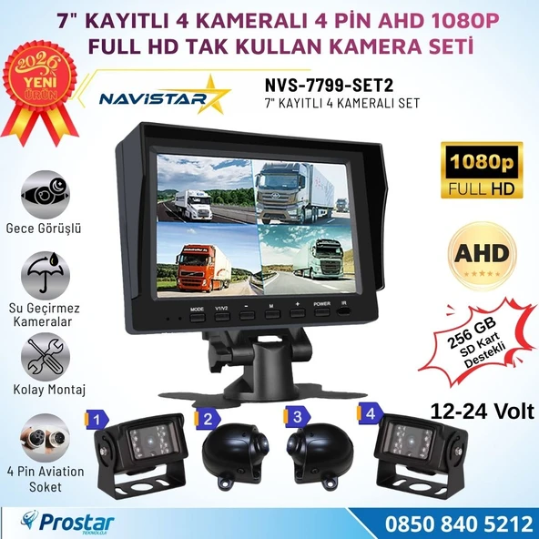 7 inç Kayıtlı AHD 1080P 4 Kameralı Full HD Araç Kamera Sistemi 256GB SD Kart Destekli Gece Görüşlü Tak Kullan Set ürün görseli 1