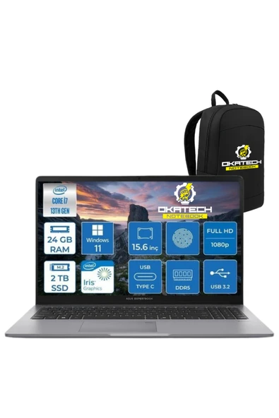 EXPERTBOOK P1503 INTELCORE I7-13620H 24GB RAM 2 TB SSD WİN11 PRO 15.6” FHD NOTEBOOK + OKATECH ÇANTA ürün görseli 1