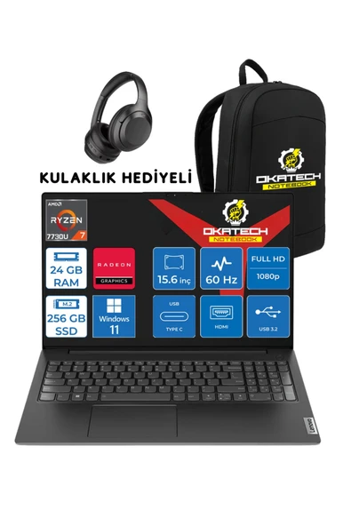 V15 RYZEN 7 7730U 24 GB RAM DDR4 256 GB SSD 15,6" FULLHD WİN11PRO NOTEBOOK + OKATECH ÇANTA ürün görseli 1