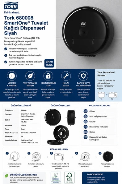 Tork 680008 Smartone Tuvalet Kağıdı Dispanseri Siyah ürün görseli 1