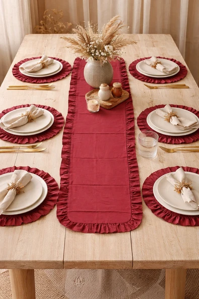 Bordo Fırfırlı Runner ve Amerikan Servis Seti, 7 Parça Şık Masa Örtüsü Takımı 120x40 cm ürün görseli 1