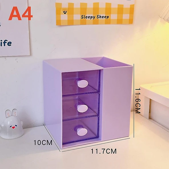 Masaüstü Kalemlik Organizer 7 Bölmeli Kawaii Kapaklı Mini Çekmeceli Kalemlik - Mor ürün görseli 1