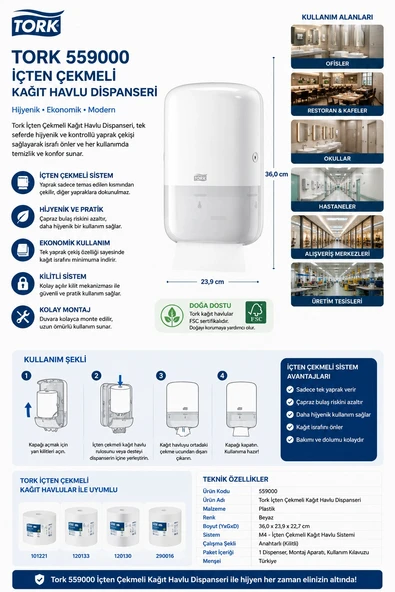 Tork 559000 İçten Çekmeli Kağıt Havlu Dispanseri Beyaz ürün görseli 1
