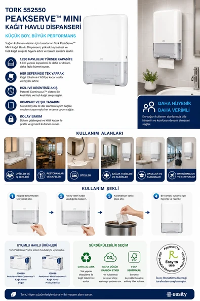 Tork 552550 Peakserve™ Mini Kağıt Havlu Dispanseri Beyaz ürün görseli 1