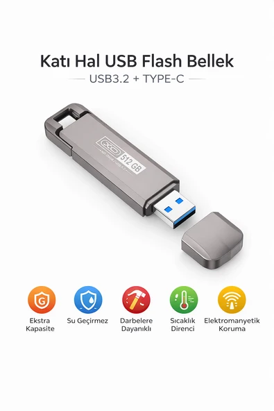 512 GB Flash Bellek, USB 3.2 + Type-C, 500MB/s Okuma, 450MB/s Yazma Hızı, Çift Bağlantı Noktalı, Darbeye Dayanıklı, Anti Manyetik, Sıcaklığa Dayanık ürün görseli 1