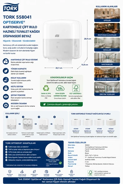 Tork 558041 Optiserve® Kartonsuz Çift Rulo Hazneli Tuvalet Kağıdı Dispanseri Beyaz ürün görseli 1