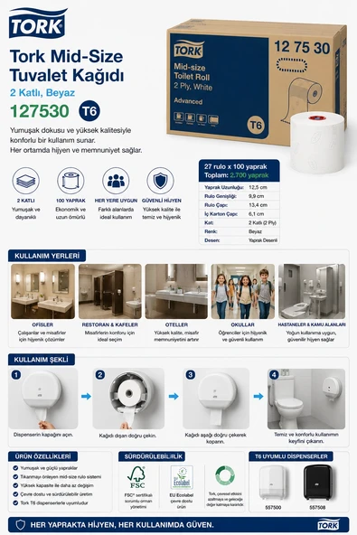 Tork 127530 Rulo Tuvalet Kağıdı 2 Katlı 27 Rulo x 100 Yaprak ürün görseli 1