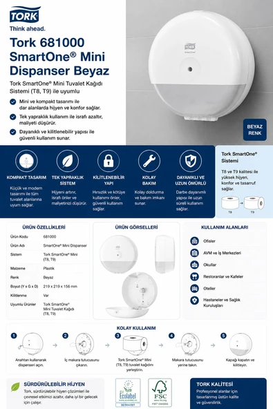 Tork 681000 Smartone Mini Dispanser Beyaz ürün görseli 1