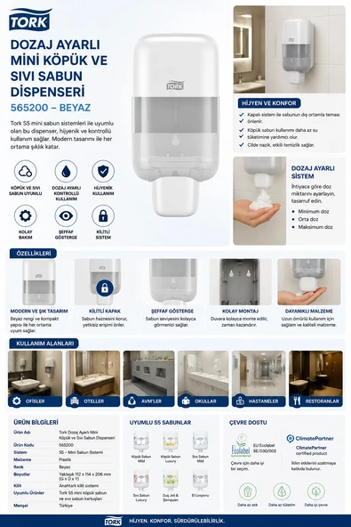 Tork 565200 Dozaj Ayarlı Mini Köpük Ve Sıvı Sabun Dispanseri Beyaz ürün görseli 1