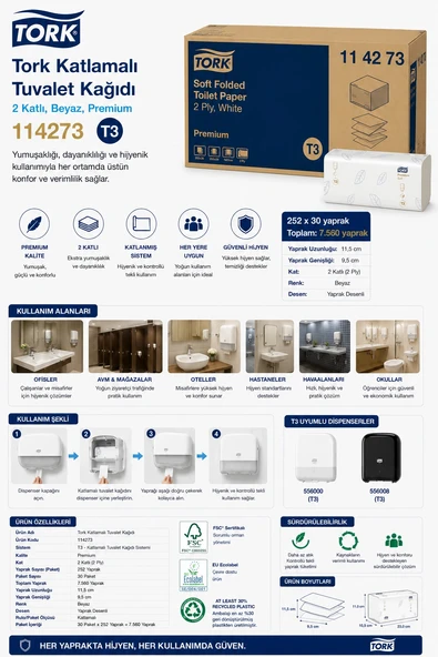Tork 114273 Katlamalı Premium Tuvalet Kağıdı 2 Katlı 252x30 Yaprak ürün görseli 1