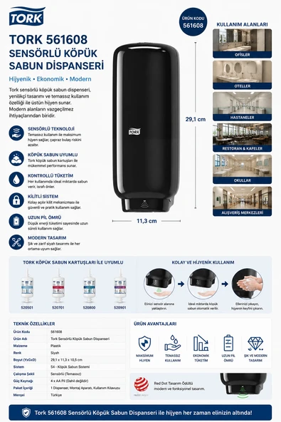 Tork 561608 Sensörlü Köpük Sabun Dispanseri Siyah ürün görseli 1