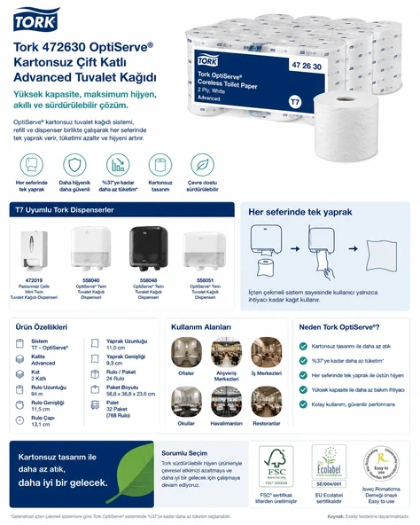 Tork 472630 Optiserve® Kartonsuz Çift Katlı Advanced Tuvalet Kağıdı 94 m x 24 Rulo ürün görseli 1