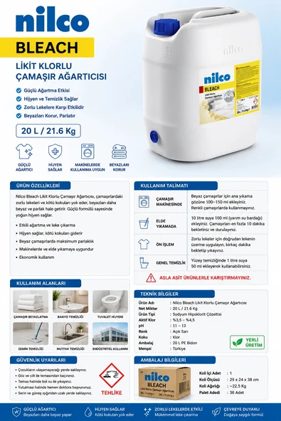 Nilco 41003808 Bleach Likit Klorlu Çamaşır Ağartıcısı 20 L / 21.6 Kg ürün görseli 1