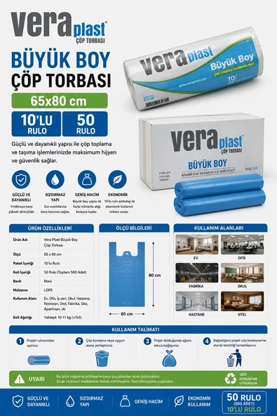 Vera Plast Büyük Boy Mavi Çöp Poşeti 65x80 cm 10 lu 50 rulo ürün görseli 1
