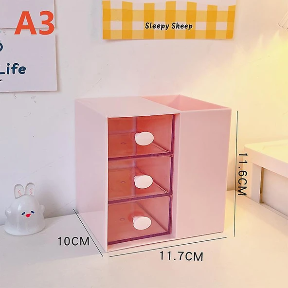 Masaüstü Kalemlik Organizer 7 Bölmeli Kawaii Kapaklı Mini Çekmeceli Kalemlik - Pembe ürün görseli 1