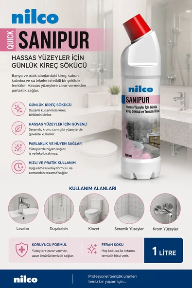 Nilco 3202681 Quick Sanipur Hassas Yüzeyler İçin Günlük Kireç Sökücü 1 lt ürün görseli 1