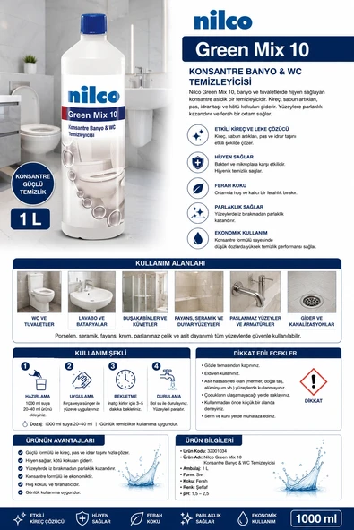 Nilco 32001034 Green Mix 10 Konsantre Banyo ve WC Temizleme Ürünü 1000 ml ürün görseli 1