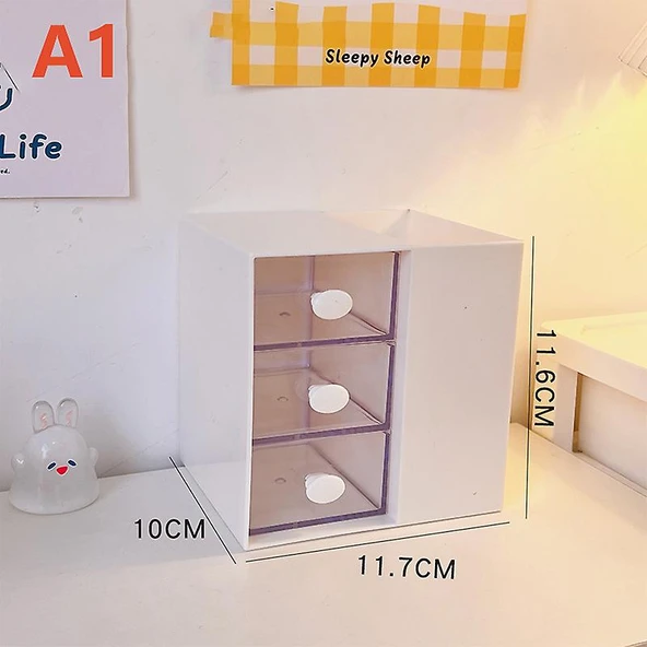 Masaüstü Kalemlik Organizer 7 Bölmeli Kawaii Kapaklı Mini Çekmeceli Kalemlik - Beyaz ürün görseli 1