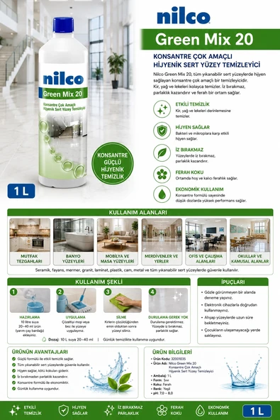 Nilco 32001035 Green Mix 20 Konsantre Çok Amaçlı Hijyenik Sert Yüzey Temizleyici 1000 ml ürün görseli 1