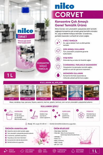 Nilco 32001158 Corvet Konsantre Çok Amaçlı Genel Temizlik Ürünü 1 L ürün görseli 1