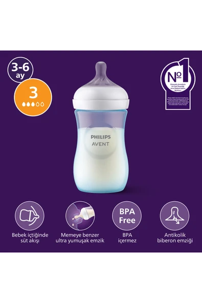 Philips Avent SCY903/21 Doğal Tepkili Pp Mavi Biberon 260ml 3+ay ürün görseli 1