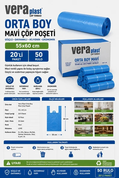 Vera Plast Orta Boy Mavi Çöp Poşeti 55x60 cm 20 li 50 Rulo ürün görseli 1