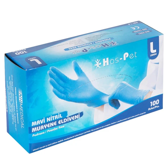 Has-Pet SK006544 Mavi Nitril Pudrasız Muayene Eldiveni L/Large Beden ürün görseli 1