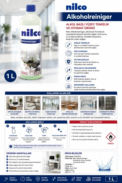Nilco 32000916 Alkoholreiniger Alkol Bazlı Yüzey Temizlik ve Otomat Ürünü 1 lt ürün görseli 1