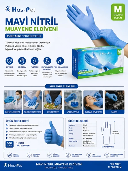Has-Pet SK006543 Mavi Nitril Pudrasız Muayene Eldiveni M/Medium Beden ürün görseli 1