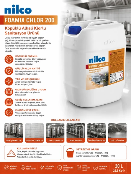 Nilco 32001812 Foamix Klor 200 Köpüklü Alkali Klorlu Sanitasyon Ürünü 20 L ürün görseli 1