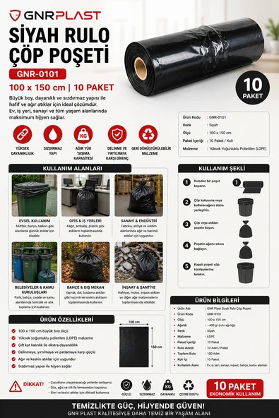 Gnr Plast GNR-0101 Siyah Rulo Çöp Poşeti 100 x 150 cm 10 Paket ürün görseli 1