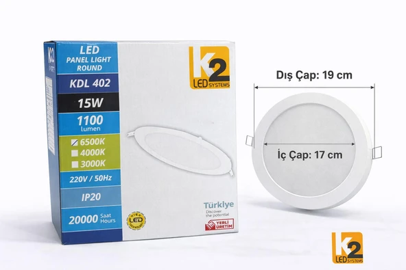 K2 LED Systems KDL 402 15W Yuvarlak LED Panel  Sıva Altı (Beyaz Işık 6500K) ürün görseli 1