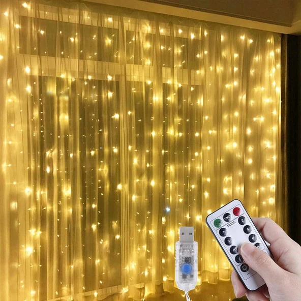 Kumandalı 8 Fonksiyonlu USB Girişli 3x3 Metre Perde Peri Led Işık SARI Yılbaşı Ağaç Işığı Yılbaşı Dekorasyonu Perde Işık Saçak Işık ürün görseli 1