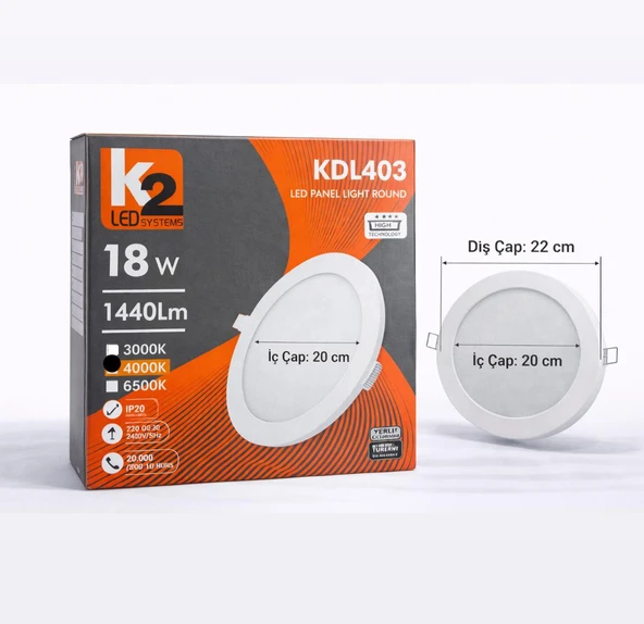K2 LED Systems KDL403 18W LED Sıva Altı Yuvarlak Panel 4000K NÖTR BEYAZ ürün görseli 1