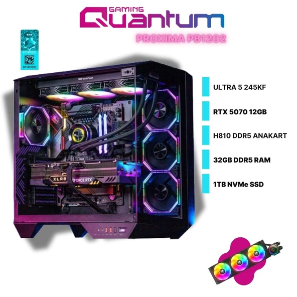 Quantum Gaming Proxima PB1202 Ultra 5 245KF 32GB DDR5 1TB NVMe SSD RTX5070 12GB 360mm Sıvı Soğutmalı Oyuncu Masaüstü Bilgisayar ürün görseli 1