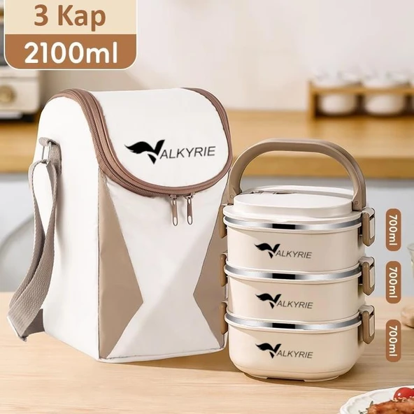 Valkyrie 3 Katlı Yemek Kabı 2100 ml – Termal Çantalı Lunch Box, 304 Paslanmaz Çelik, BPA İçermez ürün görseli 1