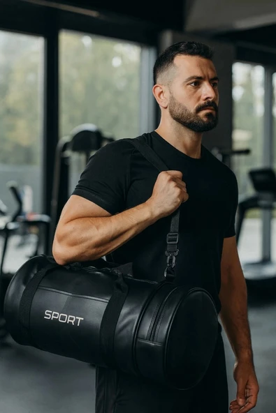 Suni Deri Unisex Askılı Silindir Spor Çantası Fitness Çantası ürün görseli 1