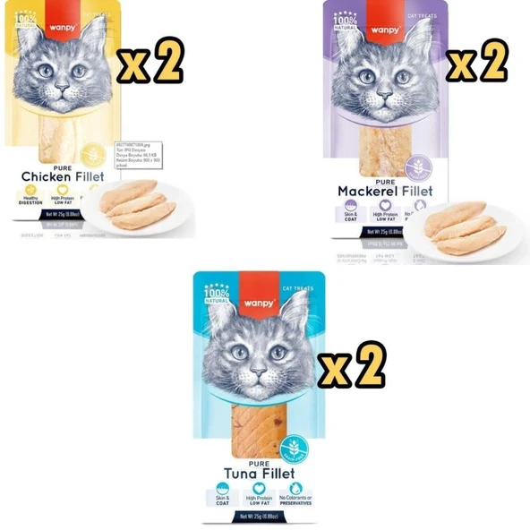 Wanpy %100 Doğal Bütün Fileto Kedi Ödül Maması 25 Gr x 6 Adet Karışık ürün görseli 1
