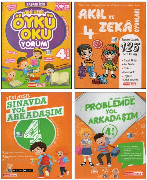 Kırmızı Beyaz 4.Sınıf Sınavda Yol Arkadaşım+Problemde Yol Arkadaşım+Akıl ve Zeka Oyunları+Öykü Okuyorum(4 Kitap) ürün görseli 1