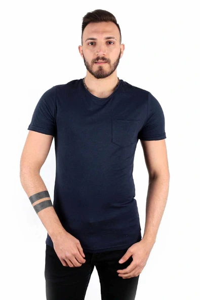 Five Pocket Erkek Bisiket Yaka Cepli Tişört Oversize Lacivert ürün görseli 1