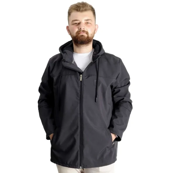 Büyük Beden Erkek Kapüşonlu Mont Waterproof Softshell 21235 Antrasit ürün görseli 1
