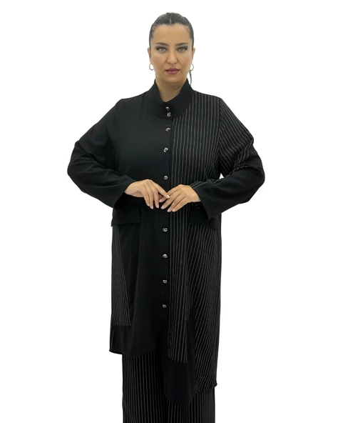 Büyük Beden Çizgili Düğmeli Tunik Gömlek Pantolon Oversize Kadın Takım ürün görseli 1