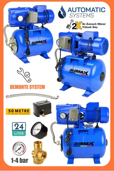 Stilmax 1.5 Hp Bakır Sargı Jet Su Pompası + 24lt Yatay Küre Tank Seti Otomatik Hidrofor Su Pompası ürün görseli 1