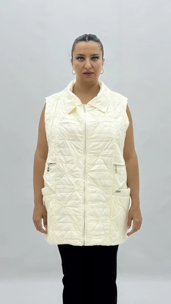 Büyük Beden Cepli Fermuarlı Oversize Kadın Uzun Yelek ürün görseli 1