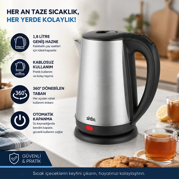 ÇELİK KETTLE SU ISITICISI KABLOSUZ KULLANIM 1.8LT 360 DERECE DÖNEBİLME OTOMATİK KAPANMA SK-8026 (2818) ürün görseli 1