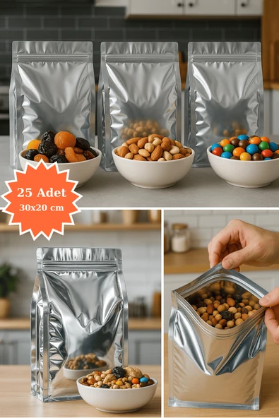 Kilitli Metalize Flat Bottom Kahve Kuruyemiş Bakliyat Kedi Kumu Yem Saklama Torbası 30x20cm 25Li ürün görseli 1