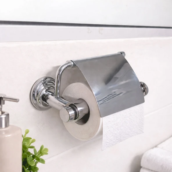 Kapaklı Kağıtlık Krom Gümüş Banyo Tuvalet Aksesuarı Duvara Monte Paslanmaz Modern Tasarım ürün görseli 1